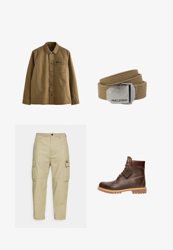 Brun canvasjakke med krave, frontlukning med knapper, to brystlommer og struktureret stof. Militær-inspireret design.; Beige cargo bukser lavet af slidstærkt stof, med to sidelommer, knaplukning og smalle ben med en glat overflade.; Brun læder ankelstøvle med rund tå, solid sål, hardware i guldtone og en tekstureret overdel. Inkluderer et logo-tagfæstet.; Tanfarvet vævet stofbælte rullet sammen med en rektangulær sølvmetal spænde indgraveret med "PME LEGEND."