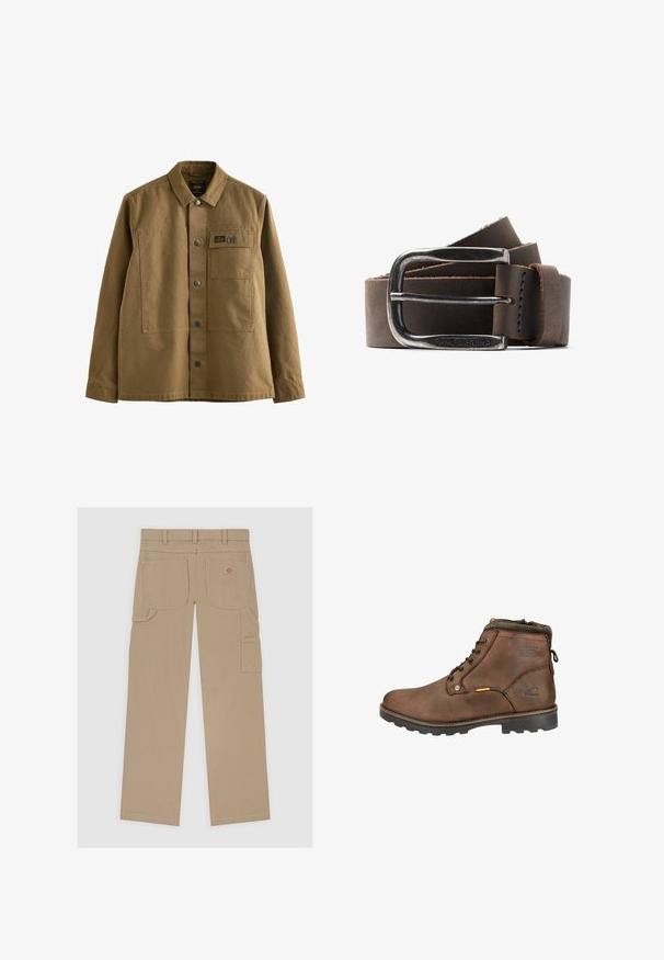 Chaqueta de lona marrón con cuello tipo solapa, cierre frontal de botones, dos bolsillos en el pecho y tejido texturizado. Diseño inspirado en el estilo militar.; Pantalones cargo beige con un diseño de pierna recta, múltiples bolsillos y una discreta etiqueta de logo en la parte trasera, fabricados con una resistente mezcla de algodón.; Bota de cuero marrón hasta el tobillo con punta redonda, diseño con cordones, cuello acolchado y suela de goma texturizada. Presenta logotipo y acentos metálicos.; Cinturón de cuero marrón oscuro enrollado con una hebilla metálica rectangular en tono plateado grabada con "PME Legend."