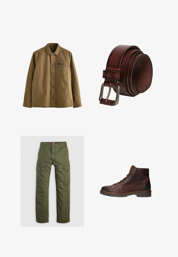 Bruine canvasjas met een kraag, voorkant met knoopsluiting, twee borstzakken en een gestructureerde stof. Militaire inspiratie in het ontwerp.; Olijfgroene cargobroek gemaakt van duurzame stof, met zijzakken, een knoopsluiting en een rechte pijpdesign.; Bruine leren hoge laarzen hebben een smoothe textuur, een ronde neus, een vetersluiting en metalen oogjes, met een contrasterende bruine rubberen zool.; Opgerolde donkerbruine leren riem met metalen pin gesp gegraveerd met "SUPERDRY" en zichtbare stiksels nabij de gesp.