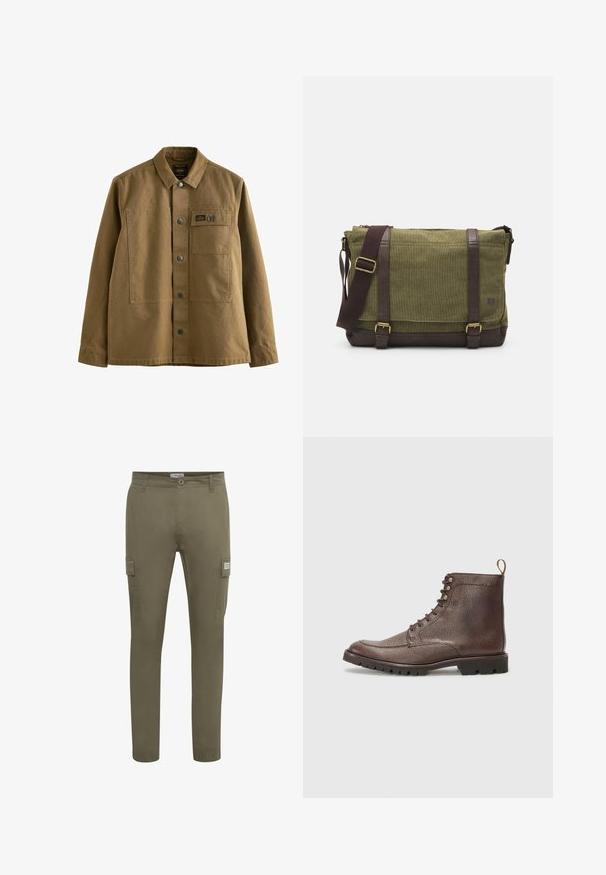 Chaqueta de lona marrón con cuello tipo solapa, cierre frontal de botones, dos bolsillos en el pecho y tejido texturizado. Diseño inspirado en el estilo militar.; Pantalones cargo verde oliva fabricados con un tejido ligero, con un corte recto, bolsillos laterales y puños elásticos en los tobillos.; Hackett London SLOANE APRON - Botines con cordones - dark mocca brown; Bolso mensajero de tela verde con detalles de cuero marrón, tapa frontal, correa ajustable y cierre con cremallera en la parte superior. Presenta herrajes dorados.