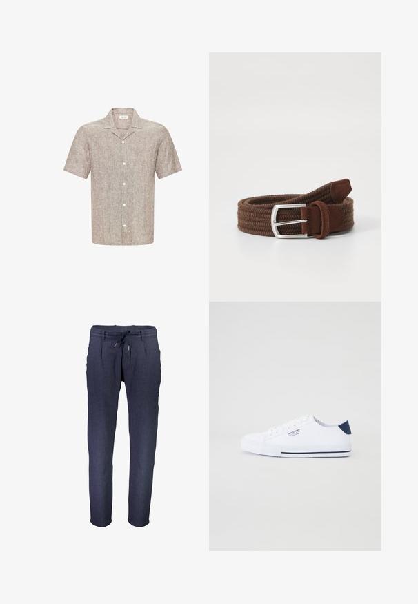 Camisa de lino beige de manga corta con cuello campestre y botones blancos en la parte delantera.; Pantalones tapered de color azul marino, hechos de una tela texturizada, con una cinturilla elástica y cordón ajustable, además de bolsillos laterales.; Zapatillas de lona blancas con un acento en el talón en color navy, suela de goma plana, punta redonda y cordones blancos. Presenta un logo en el costado.; Cinturón trenzado marrón con un acabado texturizado, que presenta una hebilla de metal plateado y acentos en cuero marrón claro en las puntas.