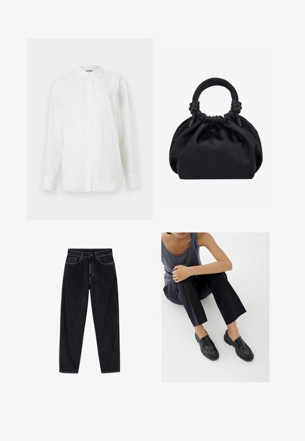 Witte button-up shirt van gladde stof. Kenmerkt zich door een klassieke kraag, lange mouwen en een rechte snit zonder zichtbare patronen of versieringen.; Zwarte jeans met hoge taille en rechte pijpen, voorzien van knopen aan de voorkant, rits, riemlussen en vijf zakken, afgebeeld tegen een witte achtergrond.; Zwarte leren loafers met textuurelementen, lage hak, ronde neus en zichtbare stiksels. Model draagt donkere broek en een grijze top.; Zwarte zachte stoffen handtas met geplooide bovenkant en ronde gewatteerde handvatten, vastgeknoopt aan elke kant.