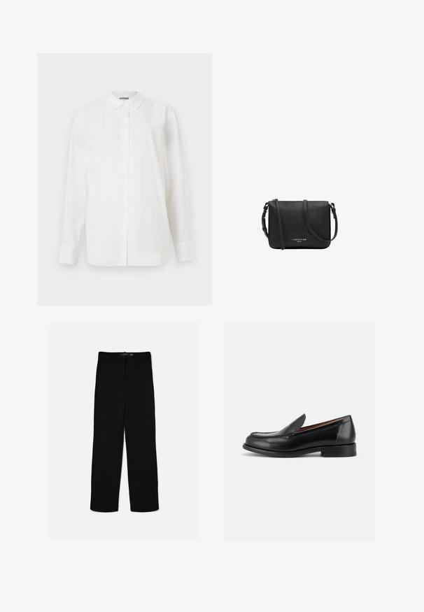 Camisa blanca de botones hecha de tela suave. Presenta un cuello clásico, mangas largas y un corte recto sin patrones ni embellishments visibles.; Pantalones negros de corte recto con trabillas, cremallera frontal y bolsillos laterales, colocados planos sobre un fondo claro.; Mocasín negro de piel sin cordones con tacón bajo, puntera redondeada y costuras estilo mocasín en la parte superior, mostrado desde el lado exterior.; Bolso bandolera de cuero negro con correa ajustable y cremallera plateada, logo "Liebeskind Berlin" en el centro delantero.