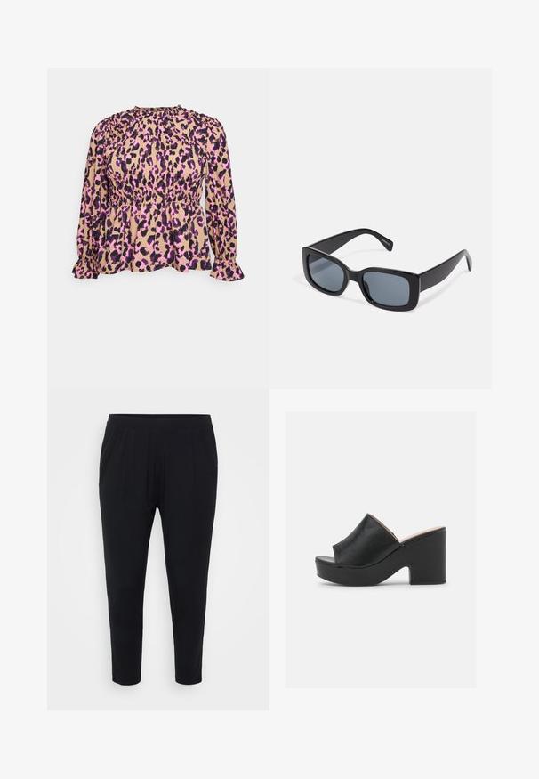 Pieces Curve PCMELINE - Blusa - indian tan; Pantalones negros de corte relajado, con cinturilla elástica y suaves pliegues. Confeccionados en una tela suave, con piernas ajustadas y sin bolsillos.; Las mulas de cuero negro con punta abierta cuentan con una amplia tira frontal y un chunky tacón alto con una textura suave. Se muestra la vista lateral.; Gafas de sol rectangulares negras con lentes oscuros, montura de plástico grueso y patillas anchas. Superficie lisa y diseño anguloso.