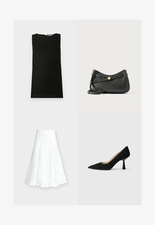 Haut sans manches noir en tissu léger. Il présente un col arrondi et une fermeture éclair dissimulée au dos.; Jupe midi blanche taille haute avec un ourlet bouffant et des coutures verticales sur un fond gris clair uni.; Pompe à talons hauts en suède noir avec un bout pointu, dotée d'un talon bloc noir brillant et d'une doublure intérieure lisse.; Sac à main en cuir noir avec une forme incurvée, surface texturée, matériel doré et une bandoulière amovible avec des trous réglables.