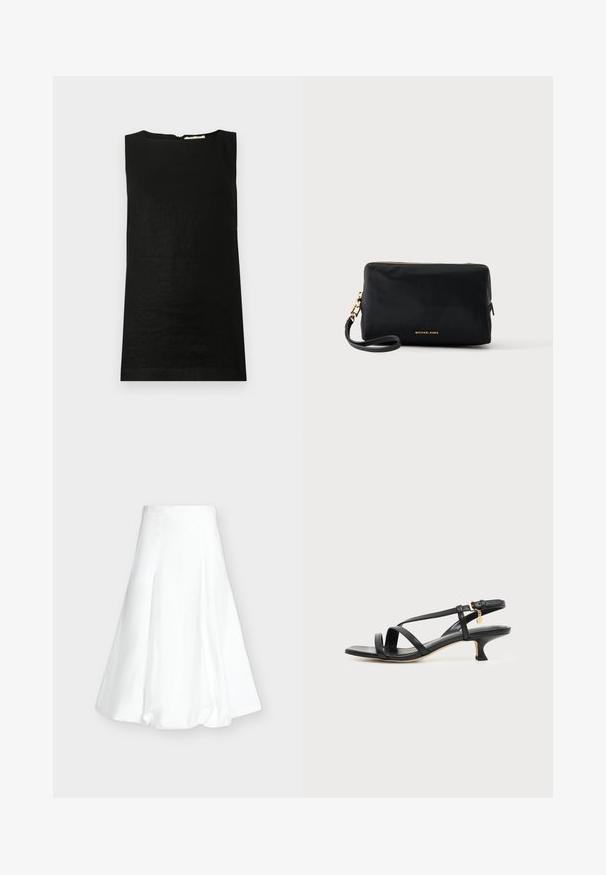 Haut sans manches noir en tissu léger. Il présente un col arrondi et une fermeture éclair dissimulée au dos.; Jupe midi blanche taille haute avec un ourlet bouffant et des coutures verticales sur un fond gris clair uni.; Sandale noire en cuir à brides fines, talon bas kitten, boucle à la cheville et petit pendentif doré sur fond clair uni.; Pochette rectangulaire noire pour poignet avec fermeture éclair dorée et logo, sangle détachable sur fond clair.