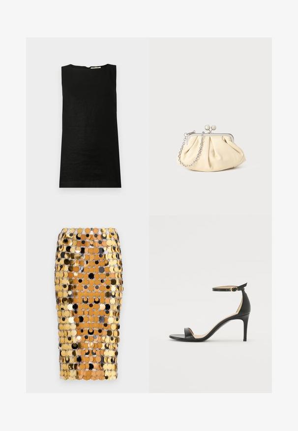 Haut sans manches noir en tissu léger. Il présente un col arrondi et une fermeture éclair dissimulée au dos.; Rabanne Jupe crayon - brown/black; Sandale à talons hauts en cuir noir avec une lanière de cheville. Présente une texture lisse, un bout ouvert et un talon fin. Détail de boucle en ton doré.; Pochette en cuir beige plissé avec un cadre en métal argenté, dotée de deux fermoirs ronds décoratifs et d'une chaîne en argent.