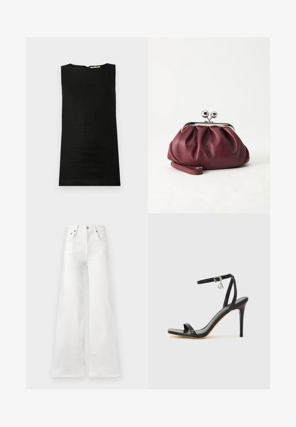 Ærmeløs sort top lavet af et let materiale. Har en rund halsudskæring og en skjult lynlås i ryggen til lukning.; Hvide high-waisted wide-leg jeans lavet af denim, med knappelukning og traditionelle lommer foran og bagpå.; Sort hæl-sandal med smal ankrem, firkantet tå-boks, glat lædermateriale og metalspænde som pynt.; Lille bordeauxlæder clutch-pung med sølv metal lukning og håndledsrem på hvid baggrund.