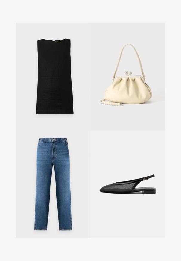 Haut sans manches noir en tissu léger. Il présente un col arrondi et une fermeture éclair dissimulée au dos.; Jean droit bleu à taille haute, fabriqué en denim. Présente une fermeture à bouton et zip à l'avant, avec un léger délavage sur le tissu.; Chaussure plate noire à bride arrière, bout pointu, tige en mesh, bride à boucle réglable et petit talon empilé sur fond blanc.; Sac à main en cuir souple couleur crème avec un design froncé, fermoir cadre argenté, poignée courte et bandoulière chaîne amovible.