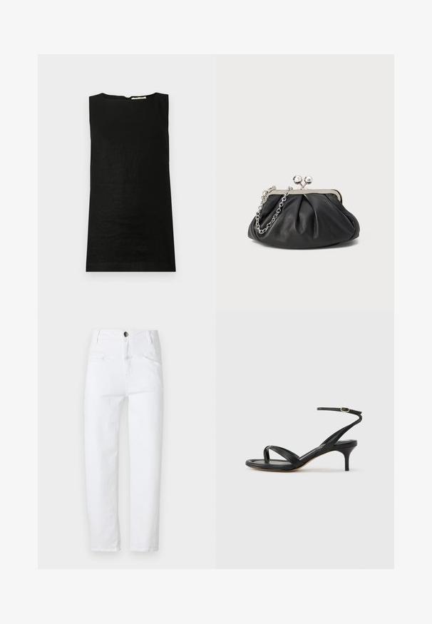 Haut sans manches noir en tissu léger. Il présente un col arrondi et une fermeture éclair dissimulée au dos.; Jean en denim blanc avec taille haute, coupe droite, deux poches avant et une seule poche arrière. Comprend un bouton en métal et une fermeture éclair.; Sandale pour femme en cuir noir avec fines lanières, une boucle d'orteil, une boucle à la cheville et un talon aiguille de hauteur moyenne sur un fond neutre.; Porte-monnaie en cuir noir avec texture froncée, cadre en métal argenté, fermeture à verrouillage kiss-lock et bandoulière en chaîne. Surface lisse et douce.