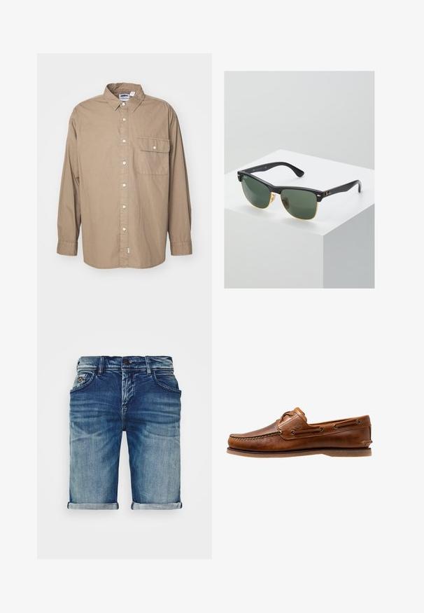 Ärmelloses Oberteil, lange Ärmel, hellbrauner Baumwollstoff, Knopfleiste, einzelne Brusttasche mit Klappe, klassischer Kragen, gerader Saum.; Jeans-Shorts in mittelblau mit leicht abgedrehtem Finish. Mit umgeschlagenen Säumen, Fünf-Taschen-Design und einem Metallknopfverschluss.; Braune Lederbootsschuhe mit gesteppten Akzenten, metallischen Ösen, einer erhöhten Naht an der Zehe und einer flachen Gummisohle.; Ray-Ban Sonnenbrillen mit grünen Gläsern, schwarzen Kunststoffrahmen und goldenen Akzenten an den Rändern. Quadratische Form mit matter Oberfläche.
