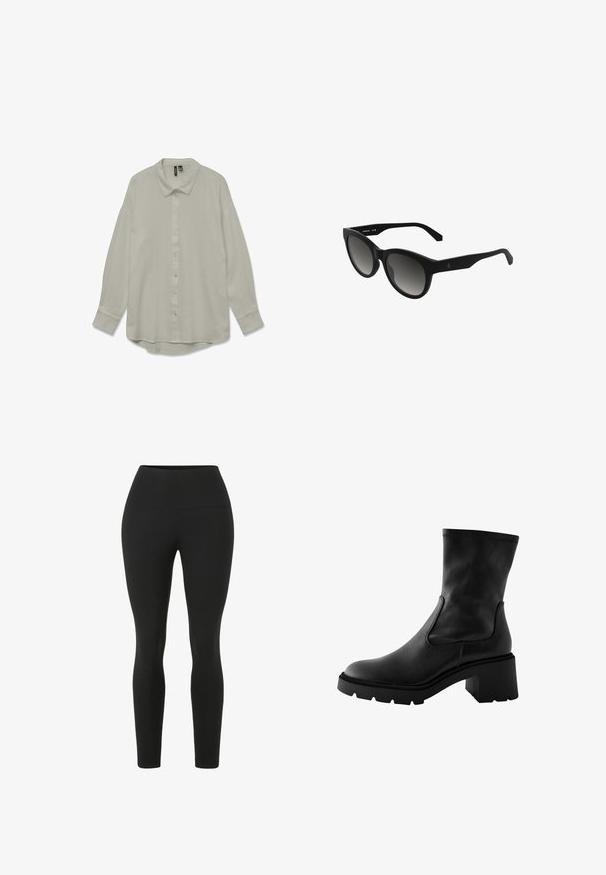 Chemise à manches longues et à boutons, en tissu gris clair avec une texture subtile. Dotée d'un col pointu et d'un ourlet légèrement arrondi.; Leggings noirs avec une taille haute. Fabriqués en tissu extensible, présentant une texture lisse et une silhouette ajustée sans coutures visibles.; Bottine en cuir noir avec un talon carré et des panneaux latéraux élastiques. Présente une texture lisse et des détails à nervures autour du bord supérieur.; Lunettes de soleil œil de chat noires avec verres gris dégradés. Fabriquées en plastique léger, avec une finition lisse et un logo discret sur la branche.