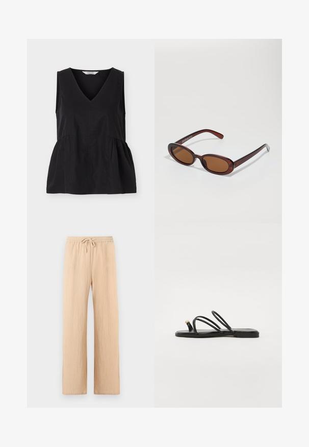 Haut noir sans manches avec col en V et coutures latérales froncées créant une forme légèrement évasée.; Pantalon beige à jambes larges avec tissu texturé, taille élastique et cordon de serrage à l'avant.; Call it Spring LUNAROSE - Sandales tongs - black; Lunettes de soleil rondes teinte brun avec une monture bordeaux brillante. Branches fines avec un détail de marque subtil. Design de verres plats.