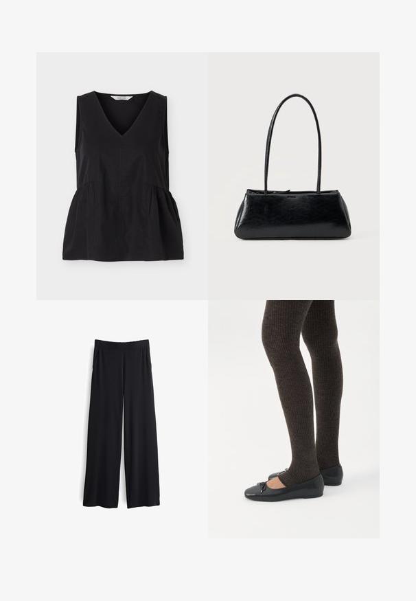 Zwarte mouwloze top met V-hals en geplooide zijnaden die een licht uitlopende vorm creëren.; Zwarte, wijde broek met een soepele textuur en elastische tailleband. Voorzien van zijzakken en een losse pasvorm voor comfort.; Benen met donkere geribbelde leggings gecombineerd met zwarte ballerina's met kleine strikdetails op een witte achtergrond.; Zwarte rechthoekige schoudertas met lange dunne banden en een gladde, glanzende textuur op een effen achtergrond.