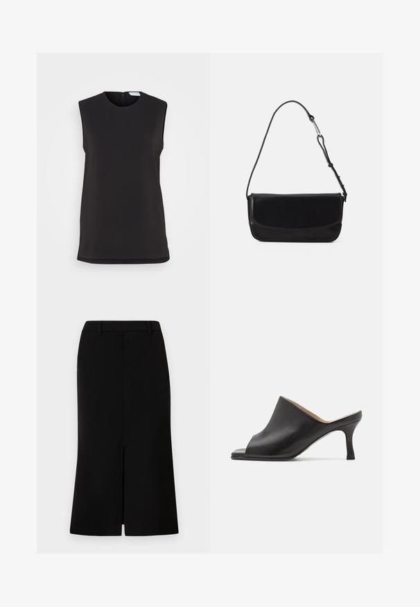 Calvin Klein STRUCTURE SLEEVELESS - Top - black; Sort knælang nederdel med en lige silhuet, der har en frontslids, glat tekstur og skræddersyet talje.; Selected ASHLEY - Mules med hæl - black; Vagabond DEIA - Håndtasker - black