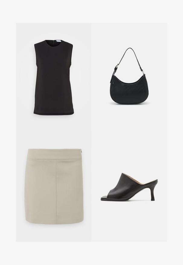 Calvin Klein STRUCTURE SLEEVELESS - Top - black; Beige miniskirt lavet af glat stof, med en lige skæring, enkelt design og en skjult lynlås i siden.; Selected ASHLEY - Mules med hæl - black; Sort hobo taske lavet af glat læder med en buet silhuet, der har en enkelt justerbar skulderrem og minimalistiske designdetaljer.