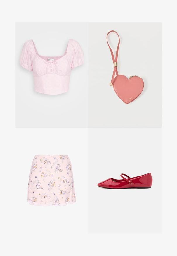 Hollister Co. UP PUFF SLEEVE - Tričko s potlačou - pink; Svetloružová sukňa s malými fialovými, oranžovými a žltými kvetinovými vzormi a hravými ilustráciami mačiek roztrúsenými po látke.; Červené balerínky z lakovanej kože so špicatou špičkou, členkovým remienkom a malým okrúhlym detailom na remienku. Ploché podrážky a hladká textúra.; Ružová kožená mincovka v tvare srdca s remienkom na zápästie a zlatým zipsom, označená malým zlatým nápisom „Furla".
