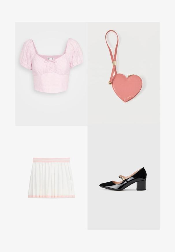 Hollister Co. UP PUFF SLEEVE - Tričko s potlačou - pink; Biela plisovaná sukňa s pásom a lemom svetloružovej farby, dĺžka po kolená, plocho na bielom pozadí.; Čierne lakované Mary Jane opätky s špicatou špičkou, stredným blokovým podpätkom a dekoratívnou zlatou sponou na popruhu.; Ružová kožená mincovka v tvare srdca s remienkom na zápästie a zlatým zipsom, označená malým zlatým nápisom „Furla".