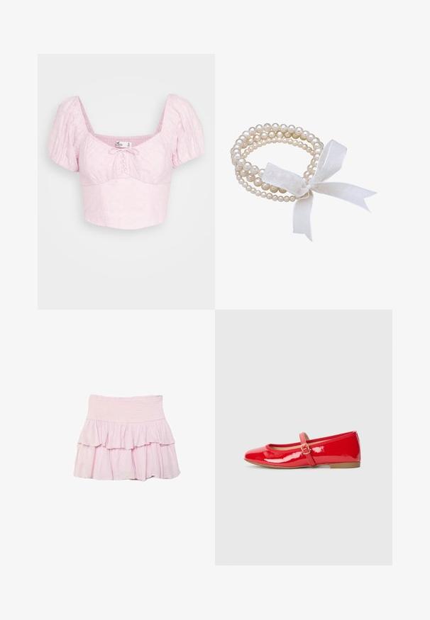 Hollister Co. UP PUFF SLEEVE - T-shirts print - pink; Lyserød lagdelt nederdel med bred, smocket taljebånd og flæselag, velegnet til hverdag.; Røde lakerede fladskodder med firkantet tå, et lille spænde hen over vristen og en flad gummisål.; Hvid perlearmbånd med flere tråde, der har forskellige størrelser af perler. Bundet med en gennemsigtig hvid båndsløjfe.