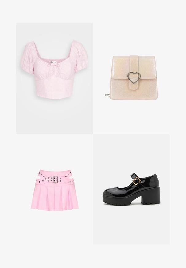 Hollister Co. UP PUFF SLEEVE - Printtipaita - pink; Vaaleanpunainen pliseerattu minihame, jossa leveä kaksikerroksinen vyötärönauha, hopeinen solki ja useita silmukoita kiinnitykseen ja koristeeksi.; Musta patentoitu kangas Mary Jane -kengät, joissa on paksu, rakenteellinen korko ja koristeellinen metallisolki remmissä.; Pieni vaaleanpunainen kiiltävä käsilaukku, jossa on teksturoitu pinta ja hopeinen sydämenmuotoinen lukko etutaitteessa.