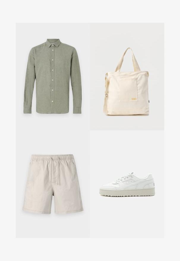Langærmet skjorte med krave i lysegrøn, lavet af struktureret stof, med fuld knaplukning og lige kant.; Beige shorts lavet af letvægtsstof, med elastisk talje, snoretræk og sidelommer med kontrasterende syninger.; Hvid lavtop sneakers med tyk sål, snørre foran, perforerede detaljer og polstret krave på en ensartet lys grå baggrund.; Kremfarvet lærredstote-taske med frontlomme, to håndtag, justerbar skulderrem og lille gul "O.N.S" tekst i nederste højre hjørne af lommen.