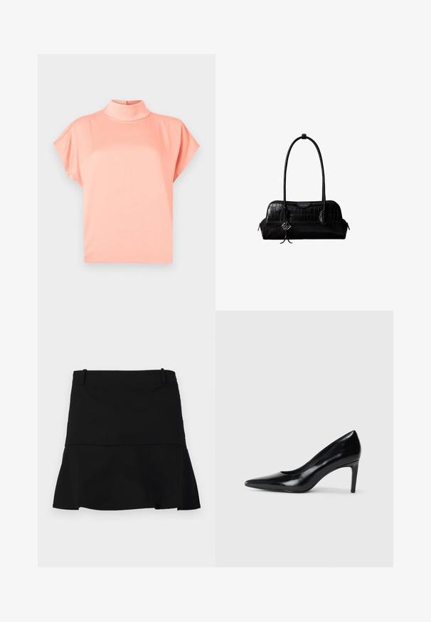 Blouse corail clair à manches courtes avec col montant et coupe ample, présentée sur un fond gris clair uni.; Jupe noire courte avec un léger évasement à l'ourlet et des passants de ceinture à la taille sur un fond blanc.; Chaussure à talon haut en cuir noir avec un bout pointu, texture lisse et un talon effilé. Design minimaliste, sans embellissements supplémentaires.; Sac à épaule en cuir noir à texture crocodile, avec de longues sangles et un petit charm logo argenté sur une sangle.