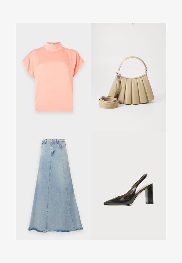Blusa de manga corta color coral claro con cuello alto falso y ajuste holgado, mostrada sobre un fondo liso de color gris claro.; Falda de mezclilla azul claro con forma acampanada en A, que cuenta con un cierre frontal de botones, pasadores para cinturón y detalles de costura visibles.; Zapato slingback de piel negra con puntera puntiaguda, tacón alto y ancho, y forro interior beige sobre un fondo claro y liso.; Lacoste LENGLEN BAG - Bolso de mano - viennois