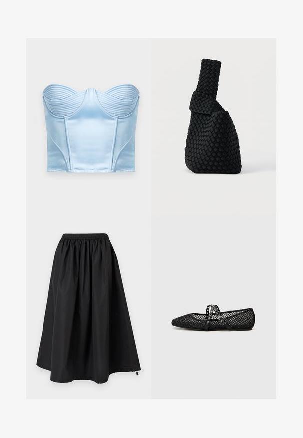 Lyseblå satin korsett-top med struktureret ribbet detaljering ved halsudskæringen og lodrette sømme for formning. Glat tekstur, uden stropper.; Sort langt nederdel med elastisk taljebånd og snørehætte i kanten, lavet af glat, let stof.; Sorte mesh ballet flats med spidse tæer, prydet med krydskorte stropper, der har sølvnitter og et tekstureret design.; Sort vævet håndtaske med et asymmetrisk design, der har en tekstureret overflade og et højt, smalt håndtag. Ingen synligt hardware eller accenter.