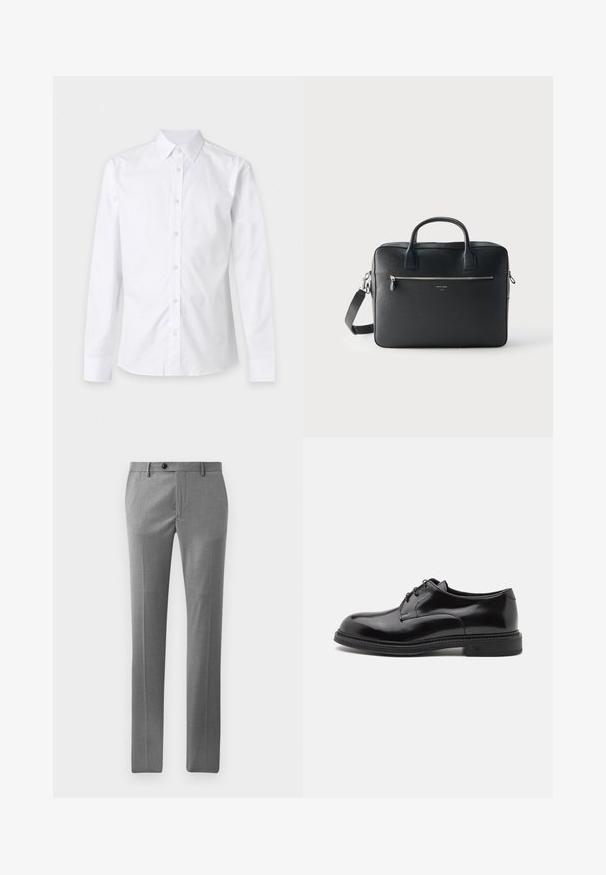 Camisa blanca de manga larga con botones, cuello y puños, mostrada plana sobre un fondo claro y liso.; Pantalones ajustados de color gris claro, confeccionados con una tela suave, que presentan un corte recto, pliegue frontal y un cierre de botón único en la cintura.; Zapato de vestir de cuero negro con un acabado suave, punta redondeada y cordones. Cuenta con una suela negra gruesa y un sutil detalle de costura a lo largo del borde.; Maletín rectangular de cuero negro con asas dobles, bolsillo delantero con cremallera y correa de hombro desmontable sobre un fondo claro y liso.
