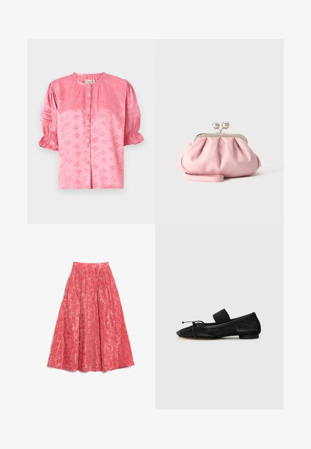 Bluse mit rosa Blumenmuster, rundem Ausschnitt, kurzen Puffärmeln und Knopfverschluss. Hergestellt aus strukturiertem Stoff mit dezentem Glanz.; Fließender coralfarbener Maxirock aus strukturiertem Stoff, mit floralen Mustern und kleinen weißen Akzenten sowie Falten für mehr Volumen.; Schwarze flache Schuhe mit einer spitzen Zehe, aus strukturiertem Stoff, mit einem Schleifenakzent und einem kleinen, runden Absatz. Elastisches Band am Knöchel.; Kleine weiche rosa Clutch mit silbernem Metallrahmen und rundem Verschluss, liegend auf einer flachen hellen Oberfläche mit gefaltetem Handgelenksriemen vorne.