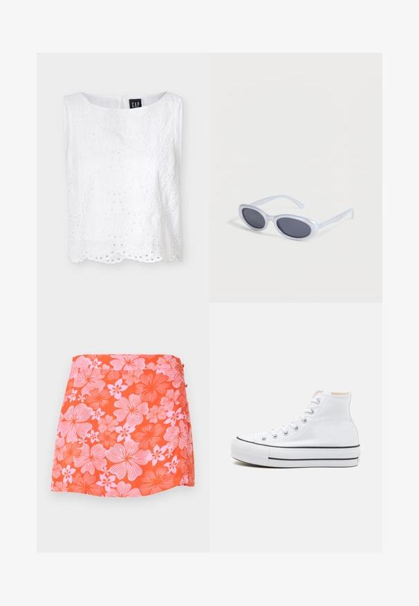 Blouse blanche sans manches en dentelle ajourée avec un ourlet festonné et un col rond, ornée de broderies florales et fermeture à boutons au dos.; Mini-jupe orange vif avec grand imprimé floral rose, boutons sur le côté et ourlet droit.; Baskets montantes blanches en toile, semelle en caoutchouc noir et bande noire contrastante sur la semelle intermédiaire. Bout rond et design à lacets.; Lunettes de soleil ovales à monture blanche avec des verres teintés foncés reposant sur une surface blanche.