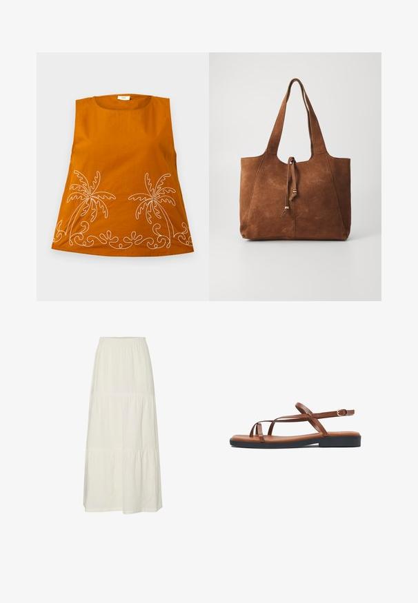 Débardeur orange sans manches avec broderie de palmiers blancs et motifs ondulés à l'ourlet. Tissu en coton doux, encolure arrondie et coupe décontractée.; Jupe maxi blanche à plusieurs niveaux, en tissu léger et texturé, dotée d'une taille élastique. Comprend trois sections de tissu distinctes.; Sandale plate marron avec fines lanières en cuir, boucle à la cheville et semelle noire vue de profil sur fond blanc.; Sac fourre-tout en daim marron avec deux longues poignées, fermeture à cordon et texture lisse. Présente un design simple et des accents minimaux.