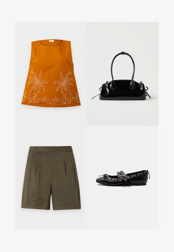 Top sin mangas naranja con bordado de palmeras blancas y patrones ondulados en el dobladillo. Tejido de algodón suave, escote redondeado y corte holgado.; Pantalones cortos de un verde oliva oscuro hechos de un material suave, similar al ante, con un diseño plisado, corte a media longitud y una cinturilla limpia y estructurada.; Zapato de ballet plano negro con correas de doble hebilla, ojales plateados y un pequeño lazo cerca de la puntera redondeada sobre un fondo blanco.; Pequeño bolso negro brillante con dos asas largas y detalles de cordón lateral sobre un fondo claro liso.