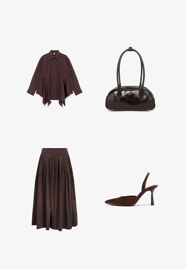Chemise marron oversize en tissu lisse, avec un col pointu, une fermeture boutonnée intégrale et un ourlet asymétrique avec découpes latérales.; Jupe midi plissée marron avec taille haute, fabriquée en tissu lisse, présentant une silhouette ample et des poches latérales pour plus de fonctionnalité.; Chaussure à talon haut brun à bout pointu avec bride arrière, dotée d'un talon fin et courbé, photographiée sur fond blanc.; Sac à main en cuir brun craquelé, de forme ovale, avec deux poignées arrondies et des petits pieds en métal. Dispose d'une fermeture éclair sur le dessus.