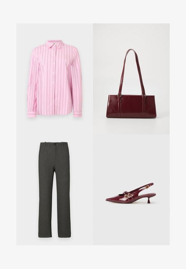 Chemise rose à manches longues avec boutons, rayures fines verticales noires et blanches, col classique et poignets boutonnés.; Pantalon gris à texture lisse, coupe droite, avec un motif à carreaux discret. Il présente une fermeture à bouton et des passants pour ceinture.; Chaussure slingback en cuir verni bordeaux avec un bout pointu, deux brides plates avec des boucles dorées, et un petit talon.; Sac à main bordeaux en matériau brillant, de forme rectangulaire, avec deux anses et des accents légèrement courbés à l'avant.