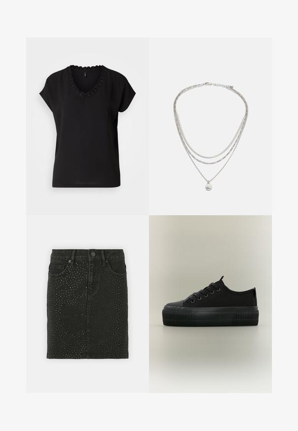 Blusa negra de manga corta con escote en V y borde de pico. Está hecha de una tela suave, tiene un corte relajado y un diseño minimalista.; Falda de mezclilla negra con una forma entallada, adornada con acentos metálicos con tachuelas dispuestos en un patrón. Diseño de cinco bolsillos y lazos para cinturón incluidos.; Zapatilla negra de plataforma con suela gruesa acanalada, cordones en la parte delantera y tiradores en la lengüeta y el talón, mostrada de lado sobre un fondo neutro.; Collar plateado en capas que presenta múltiples estilos de cadenas, incluyendo una cadena lisa y una cadena con cuentas, con un pequeño colgante circular.