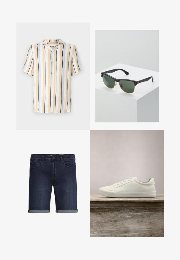 Kurzarmhemd in Beige, Hellblau und Schwarz mit vertikalen Streifen. Verfügt über einen Kragen und eine Brusttasche mit Knopfverschluss.; Dunkelblaue Denim-Shorts mit klassischem Fünf-Taschen-Design, umgeschlagenem Saum und Knopfverschluss. Glatte Textur.; Weiße Schnürsneaker, die über einer Holzbank mit grünem Laub im Hintergrund schweben und das Schuhdesign sowie die Textur zeigen.; Ray-Ban Sonnenbrillen mit grünen Gläsern, schwarzen Kunststoffrahmen und goldenen Akzenten an den Rändern. Quadratische Form mit matter Oberfläche.