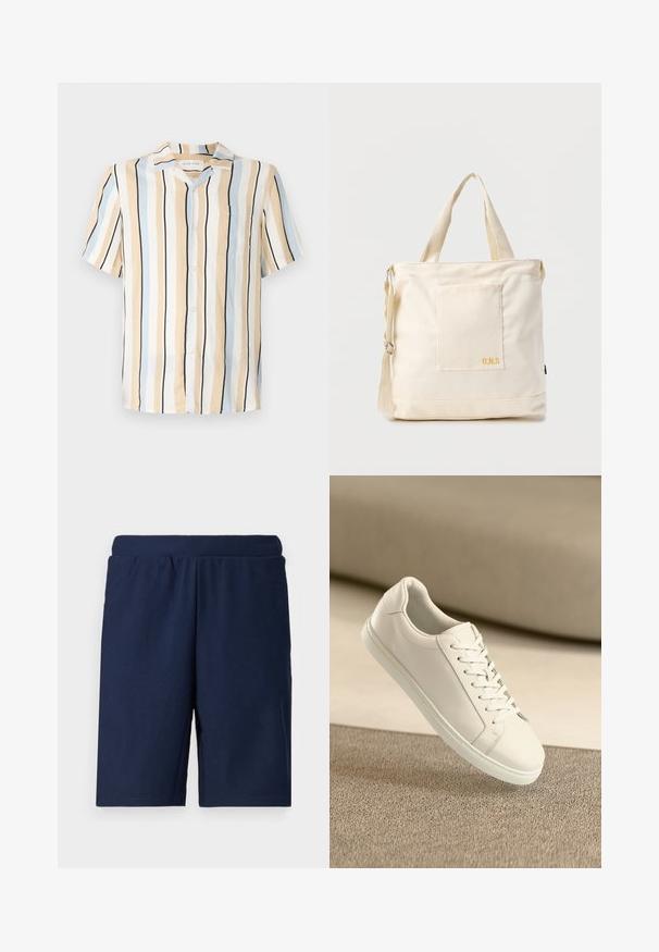 Kortærmet skjorte i beige, lyseblå og sorte lodrette striber. Har en krave og en brystlomme med knaplukninger.; Marineblå sportsbukser med ribbet tekstur, elastisk talje og lige snit, designet til komfort og bevægelsesfrihed.; Hvide lædersneakers med hvide snørebånd, præsenteret på en beige tekstureret overflade og med en blødt uskarp baggrund.; Kremfarvet lærredstote-taske med frontlomme, to håndtag, justerbar skulderrem og lille gul "O.N.S" tekst i nederste højre hjørne af lommen.