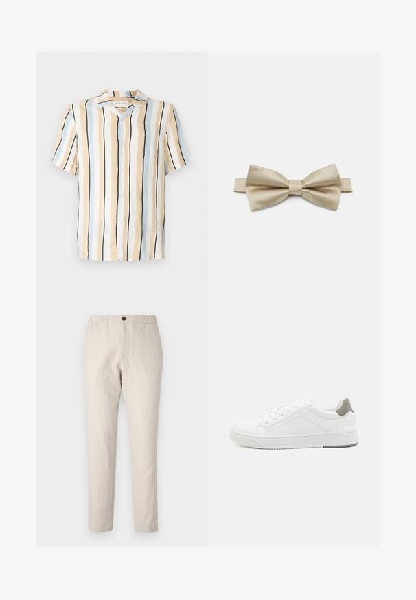 Kurzarmhemd in Beige, Hellblau und Schwarz mit vertikalen Streifen. Verfügt über einen Kragen und eine Brusttasche mit Knopfverschluss.; Beige Freizeithose mit elastischem Bund, Knopfverschluss und geraden Beinen, aus leichtem, strukturiertem Stoff gefertigt.; Weißer Sneaker aus glattem Leder, runde Zehenpartie, minimalistisches Design, graue Fersenkante und strukturierte Gummisohle.; Satin-Fliege in hellem Beige mit klassischer Schmetterlingsform und zentraler Schleife. Glatte Textur mit dezentem Glanz.