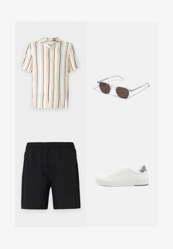 Chemise à manches courtes beige, bleu clair et noire à rayures verticales. Comprend un col et une poche sur la poitrine avec des fermetures à bouton.; Shorts de bain noirs en tissu texturé, dotés d'une taille élastique et de poches latérales, avec une coupe ample.; Basket blanche en cuir lisse, à bout arrondi, design minimaliste, accent de talon gris et semelle en caoutchouc texturé.; Lunettes de soleil en plastique transparent avec des verres marron rectangulaires, dotées de branches fines et transparentes ainsi que d'accents en métal sur les tempes.
