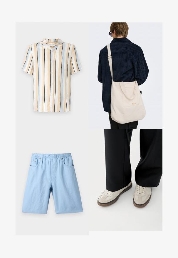 Chemise à manches courtes beige, bleu clair et noire à rayures verticales. Comprend un col et une poche sur la poitrine avec des fermetures à bouton.; Shorts bleu clair avec une taille élastique, deux poches avant et une texture lisse. Fabriqués à partir d'un tissu doux, adaptés à un usage décontracté.; Pieds portant des baskets beige avec des semelles marron et un pantalon noir à jambes larges sur fond blanc.; Personne aux cheveux courts portant une chemise à carreaux foncée et des lunettes de soleil porte un grand sac fourre-tout en toile écrue avec bandoulière et poche avant.