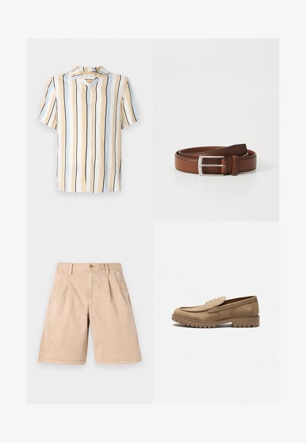 Kortærmet skjorte i beige, lyseblå og sorte lodrette striber. Har en krave og en brystlomme med knaplukninger.; Beige shorts lavet af bomuld, med en lige pasform, plisseret front, sidelommer og en enkelt knaplukning i taljen.; Tan mockasiner i ruskind med rund tå, flad gummisål og dekorative syninger på overdelen. Har et slip-on design uden snørebånd.; Brun læderbælte med en glat overflade, præget af en sølvfarvet metalspænde og diskret syning langs kanterne. Klassisk og holdbart design.