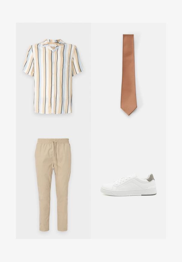 Kurzarmhemd in Beige, Hellblau und Schwarz mit vertikalen Streifen. Verfügt über einen Kragen und eine Brusttasche mit Knopfverschluss.; Beige, leichte Hose mit elastischem Bund und Kordelzug. Gerades Beindesign, glatte Textur und keine sichtbaren Muster oder Akzente.; Weißer Sneaker aus glattem Leder, runde Zehenpartie, minimalistisches Design, graue Fersenkante und strukturierte Gummisohle.; Braun gestreifte Krawatte aus glattem Stoff, mit schmaler Breite und spitzem Ende, geeignet für formelle Anlässe.