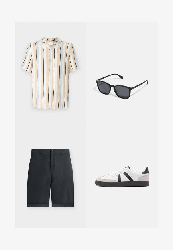 Kurzarmhemd in Beige, Hellblau und Schwarz mit vertikalen Streifen. Verfügt über einen Kragen und eine Brusttasche mit Knopfverschluss.; Schwarze knielange Shorts mit umgeschlagenen Säumen, Knopfverschluss, Gürtelschlaufen und flachem Vorderdesign auf einfachem weißem Hintergrund.; Weiße Sneaker mit schwarz- und grau-aczenten, ausgestattet mit einer strukturierten grauen Zehenkappe, schwarzer Gummi-Sohle und flachen weißen Schnürsenkeln. Sauberes Design, minimalistische Stil.; Schwarze rechteckige Sonnenbrille mit dunklen Gläsern, schlanken Kunststoffgestellen und geraden Bügeln. Mit einem subtilen Logo an der Seite.