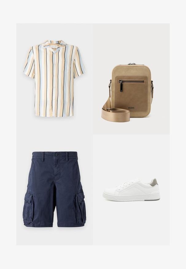 Kortærmet skjorte i beige, lyseblå og sorte lodrette striber. Har en krave og en brystlomme med knaplukninger.; Mørkeblå cargo shorts lavet af bomuld. Har flere sidelommer, knappelukning og en afslappet pasform. Glat tekstur og holdbart design.; Hvid sneaker lavet af glat læder, rund tå, minimalistisk design, grå hælafsats og tekstureret gummisål.; Lille beige crossbody-taske med lynlåslomme foran, metal ALDO-logo, justerbar bred rem og rundet rektangulær form på hvid baggrund.