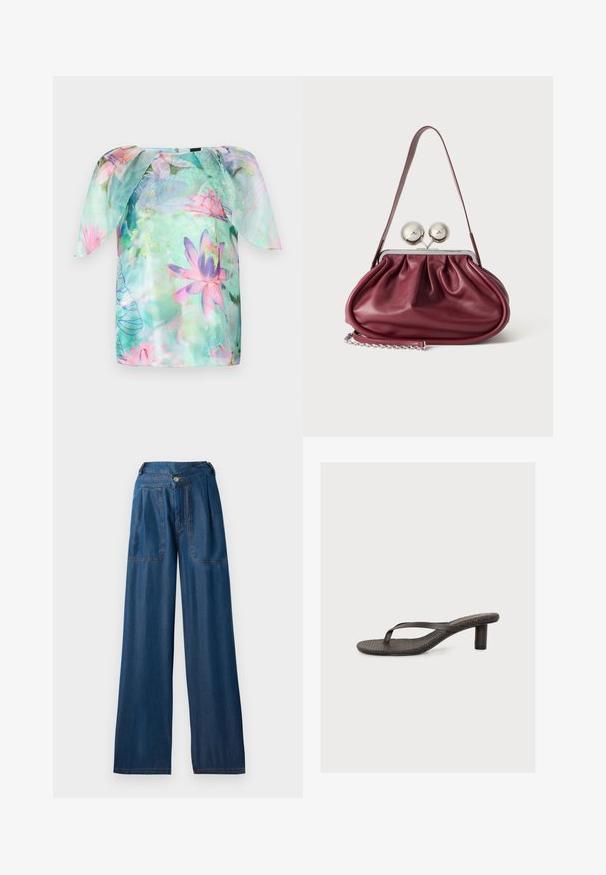 Korte mouw blouse van lichte, doorzichtige stof met een aquarel bloemenpatroon in roze en blauwe tinten, ronde halslijn en een losse pasvorm.; Donkerblauwe wijde jeans van denim, met twee voorzakken, een knoopsluiting en contrasterende oranje stiksels.; Bruine sandaal met hak en teenriem, met een gestructureerd voetbed en smal enkelbandje, tegen een effen witte achtergrond.; Kleine bordeaux leren handtas met geplooide details, een dunne band en een zilveren sluiting met twee grote ronde knoppen.