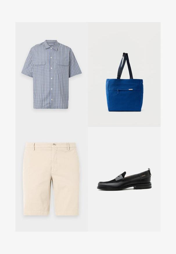 Chemise à manches courtes avec boutons, motif à carreaux bleu, blanc et noir, et deux poches à rabat sur la poitrine, sur fond blanc.; Shorts en coton beige avec une taille plate, une fermeture éclair, un bouton et des poches latérales. Texture lisse et design longueur genou.; Mocassin en cuir noir avec détail de bride grise, talon bas et semelle texturée, marqué "HUGO" en or sur le côté.; Sac fourre-tout en toile bleue avec une poche zippée à l'avant, des doubles bretelles et une forme rectangulaire. Dispose d'une étiquette de marque discrète.