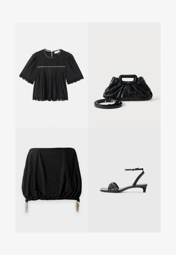 Sort kortærmet bluse med blonder på ærmerne og kanten, broderet bærestykke, plisseret fortil og kædedetalje langs halsudskæring og bryst.; Sort cropped top med en samlede design, med elastisk kant og metalliske clips som detaljer. Fremstillet af et letvægtsstof.; Sorte lædersandal med firkantet tå, vævet remdesign, ankelrem med gyldent hardware og en lav, spidset hæl.; Lille sort læderhåndtaske med rynket tekstur, rektangulært håndtag og aftagelig tynd skulderrem placeret ved siden af.