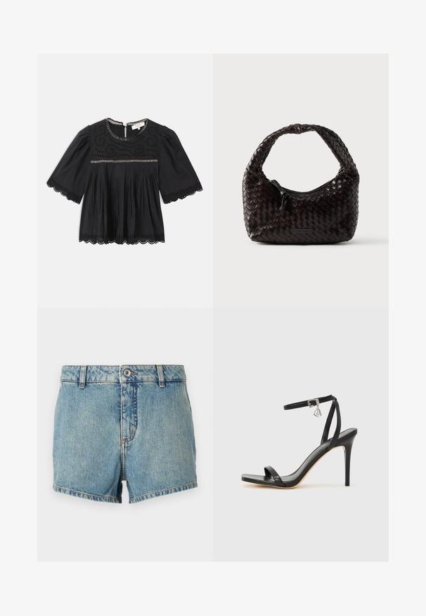 Zwarte blouse met korte mouwen, kantafwerking op de mouwen en zoom, geborduurde hals, geplooide voorkant en kettingdetail langs de halslijn en borst.; Lichtblauwe denimshorts met een vervaagde textuur, rechte snit en afgewerkte randen. Voorzien van een knoopsluiting aan de voorkant en een klassieke 5-pocket stijl.; Zwarte sandaal met hoge hak, smalle enkelband, vierkante neus, soepel leermateriaal en metalen gespsluiting.; Geweven leren handtas in donkerbruin, afgeronde vorm met een dikke gevlochten handgreep. Voorzien van een ritssluiting en subtiele branding aan de zijkant.