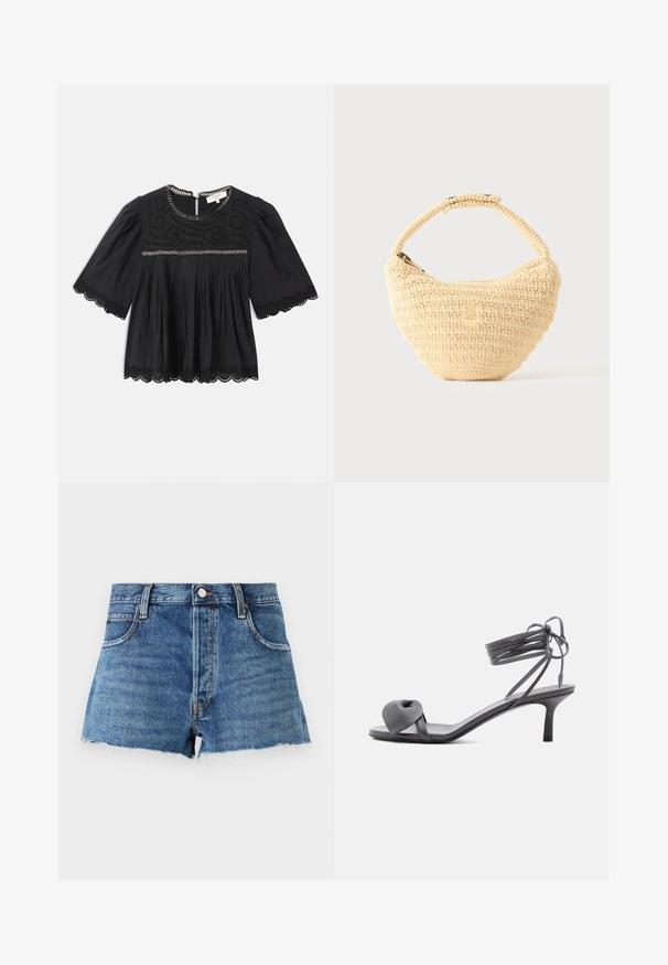 Blouse noire à manches courtes avec dentelle aux manches et à l'ourlet, empiècement brodé, devant plissé et détail en chaîne le long de l'encolure et de la poitrine.; FRAME THE HANG - Short en jean - dark blue; Sandale à talon en cuir gris avec une bride nouée sur les orteils et des lacets enroulants autour de la cheville, sur un talon moyen et fin, sur fond blanc.; Sac à main beige tissé avec corps arrondi, fermeture éclair et une sangle courte et épaisse dans un style crochet simple et texturé.